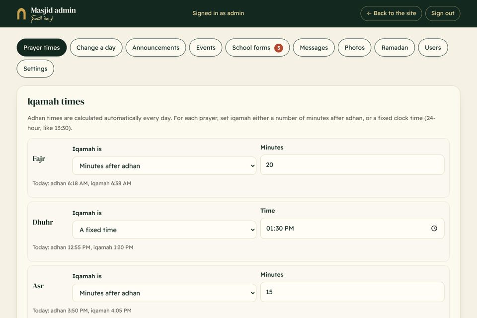Admin page: choosing iqamah times for each prayer