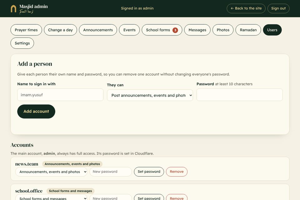 Admin page: accounts for helpers with their own access